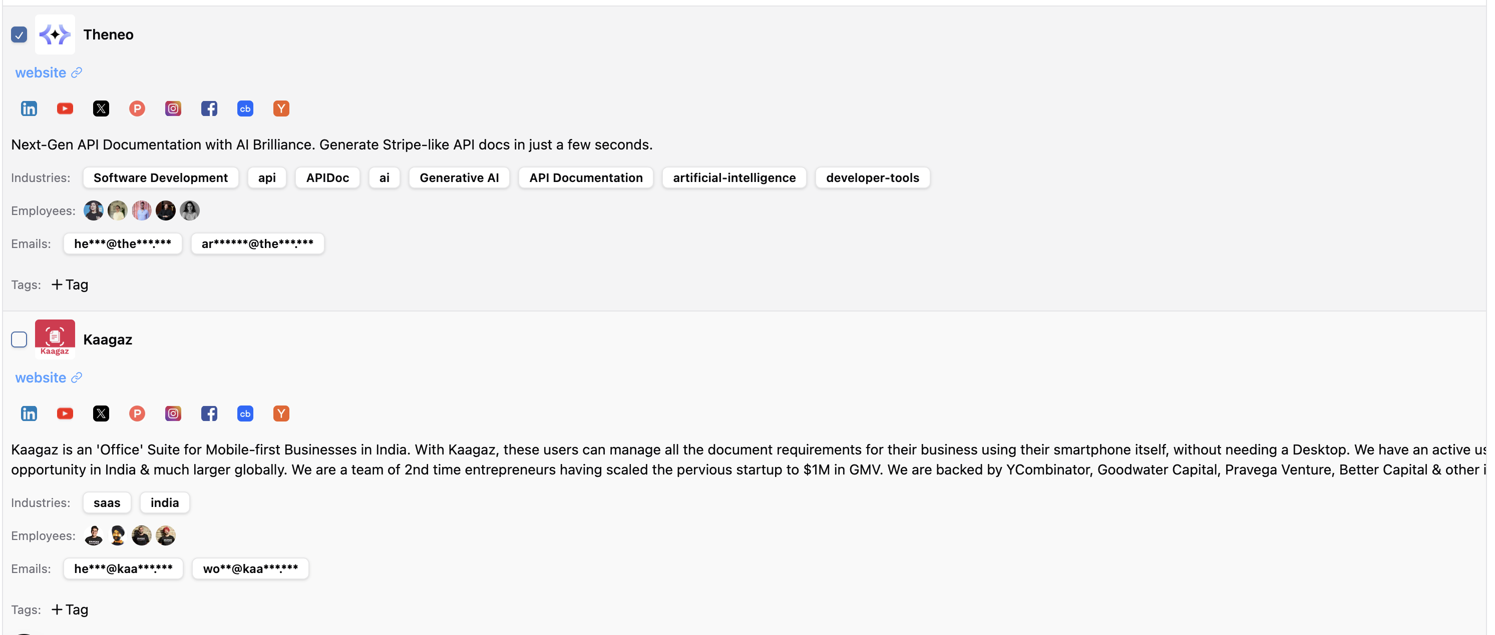 Startup List dashboard showing comprehensive contact information including email, LinkedIn, and social media profiles